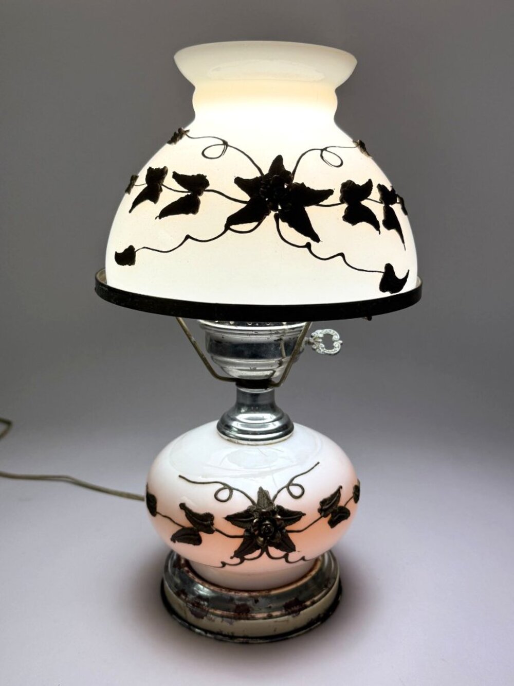 Vintage Falkenstein Brass Flower Design Lamp Milk Glass Dual Light 14 Inch